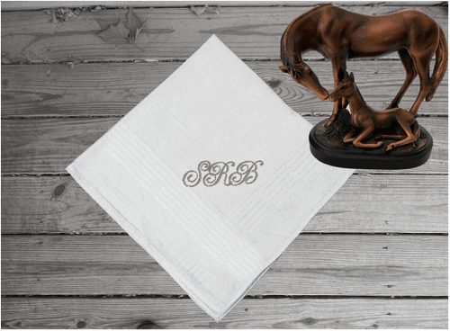 Monogram handkerchief with 3 embroidered initials, a simple but elegant gift for the men in the wedding party, or dad or grandpa for his birthday, a useful present all year round. Cotton handkerchief with satin strips around edges, 11