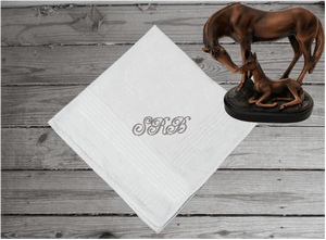 Monogram handkerchief with 3 embroidered initials, a simple but elegant gift for the men in the wedding party, or dad or grandpa for his birthday, a useful present all year round. Cotton handkerchief with satin strips around edges, 11" x 11". - Borgmanns Creations
