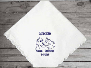 Bride Groom Handkerchief gift set,- embroidered western theme -  rustic farmhouse wedding - parents gift to the bride and groom - Cotton handkerchief ladies - 11" x 11" with scalloped edge mans - 16" x 16" with satin strips - Borgmanns Creations 1