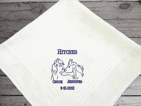 Bride Groom Handkerchief gift set,- embroidered western theme -  rustic farmhouse wedding - parents gift to the bride and groom - Cotton handkerchief ladies - 11" x 11" with scalloped edge mans - 16" x 16" with satin strips - Borgmanns Creations 2