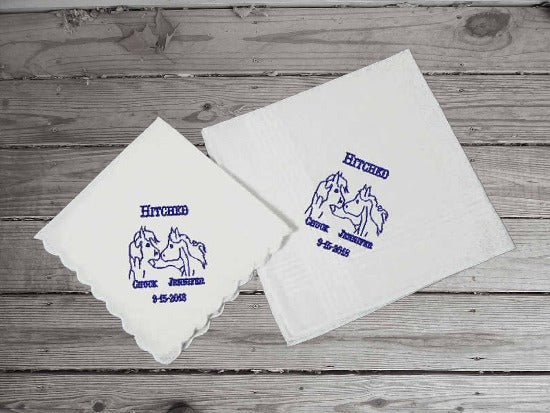 Bride Groom Handkerchief gift set,- embroidered western theme -  rustic farmhouse wedding - parents gift to the bride and groom - Cotton handkerchief ladies - 11" x 11" with scalloped edge mans - 16" x 16" with satin strips - Borgmanns Creations 3