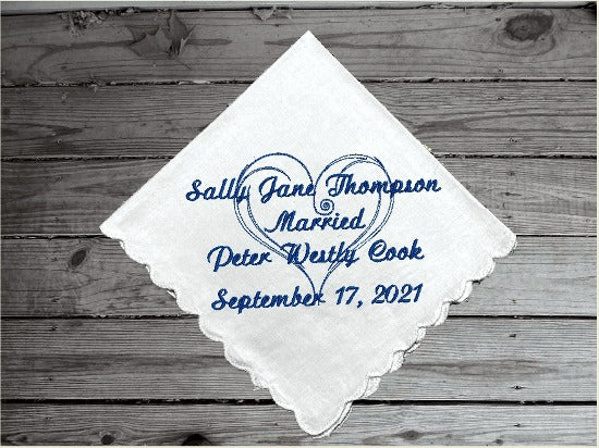 This elegant wedding announcement embroidered cotton handkerchief is 11" x 11" with scalloped edges will make a great keepsake or can be used daily, not a paper throwaway. A gift for the family and friends, gift from the bride and room. Custom and personalized just for you. A great keepsake of a wonderful occasion - Borgmanns Creations 