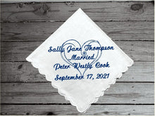 Load image into Gallery viewer, This elegant wedding announcement embroidered cotton handkerchief is 11&quot; x 11&quot; with scalloped edges will make a great keepsake or can be used daily, not a paper throwaway. A gift for the family and friends, gift from the bride and room. Custom and personalized just for you. A great keepsake of a wonderful occasion - Borgmanns Creations 
