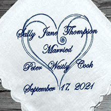 Load image into Gallery viewer, This elegant wedding announcement embroidered cotton handkerchief is 11&quot; x 11&quot; with scalloped edges will make a great keepsake or can be used daily, not a paper throwaway. A gift for the family and friends, gift from the bride and room. Custom and personalized just for you. A great keepsake of a wonderful occasion - Borgmanns Creations 
