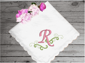 Wedding handkerchief gift for mom, white cotton handkerchief with scalloped edges 11" x 11, ", with her initial embroidered on it. Can be a gift for moms, aunts, sisters, friend, a small remembrance of a wonderful occasion - Borgmanns Creations 