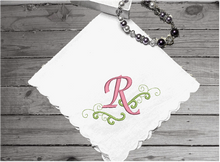 Load image into Gallery viewer, Wedding handkerchief gift for mom, white cotton handkerchief with scalloped edges 11&quot; x 11, &quot;, with her initial embroidered on it. Can be a gift for moms, aunts, sisters, friend, a small remembrance of a wonderful occasion - Borgmanns Creations 
