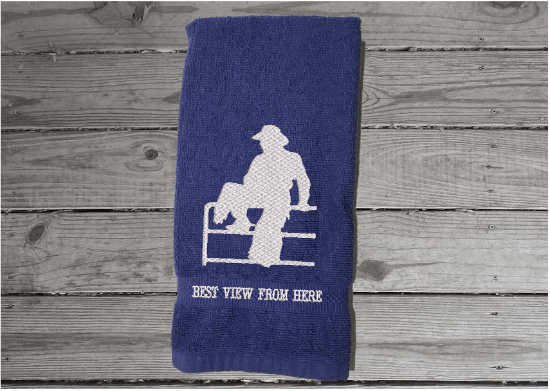 Cowboy on fence blue hand towel - birthday gift for dad for his den or work area - mom can display it in the bathroom or kitchen - embroidered housewarming gift - gift for the cowboy in your life - wedding shower gift for the western couple - Borgmanns Creations - 2