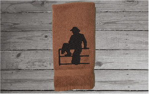 Cowboy on fence brown hand towel - birthday gift for dad for his den or work area - mom can display it in the bathroom or kitchen - embroidered housewarming gift - gift for the cowboy in your life - wedding shower gift for the western couple - Borgmanns Creations - 3