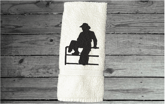 Cowboy on fence white hand towel - birthday gift for dad for his den or work area - mom can display it in the bathroom or kitchen - embroidered housewarming gift - gift for the cowboy in your life - wedding shower gift for the western couple - Borgmanns Creations - 4