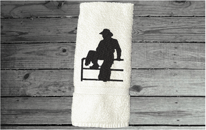 Cowboy on fence white hand towel - birthday gift for dad for his den or work area - mom can display it in the bathroom or kitchen - embroidered housewarming gift - gift for the cowboy in your life - wedding shower gift for the western couple - Borgmanns Creations - 4