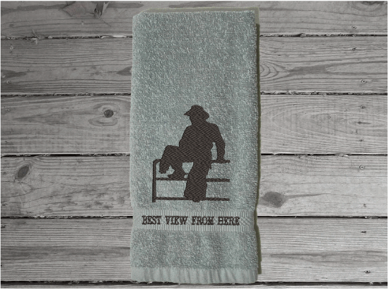 Cowboy on fence gray hand towel - birthday gift for dad for his den or work area - mom can display it in the bathroom or kitchen - embroidered housewarming gift - gift for the cowboy in your life - wedding shower gift for the western couple - Borgmanns Creations - 5