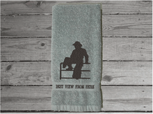 Load image into Gallery viewer, Cowboy on fence gray hand towel - birthday gift for dad for his den or work area - mom can display it in the bathroom or kitchen - embroidered housewarming gift - gift for the cowboy in your life - wedding shower gift for the western couple - Borgmanns Creations - 5
