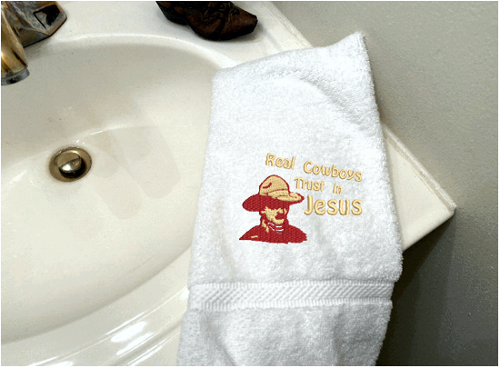 White bath hand towel western decor theme - farmhouse decor rustic look - decorative house warming gif - bath / kitchen - embroidered saying "Real Cowboys Trust in Jesus" - gift for the western family - -Borgmanns Creations 3