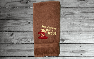 Brown bath hand towel western decor theme - farmhouse decor rustic look - decorative house warming gif - bath / kitchen - embroidered saying "Real Cowboys Trust in Jesus" - gift for the western family - -Borgmanns Creations 2