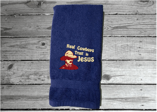 Blue bath hand towel western decor theme - farmhouse decor rustic look - decorative house warming gif - bath / kitchen - embroidered saying "Real Cowboys Trust in Jesus" - gift for the western family - -Borgmanns Creations 4