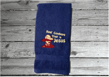 Load image into Gallery viewer, Blue bath hand towel western decor theme - farmhouse decor rustic look - decorative house warming gif - bath / kitchen - embroidered saying &quot;Real Cowboys Trust in Jesus&quot; - gift for the western family - -Borgmanns Creations 4
