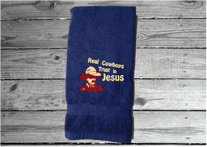 Blue bath hand towel western decor theme - farmhouse decor rustic look - decorative house warming gif - bath / kitchen - embroidered saying "Real Cowboys Trust in Jesus" - gift for the western family - -Borgmanns Creations 4