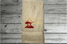 Load image into Gallery viewer, Beige bath hand towel western decor theme - farmhouse decor rustic look - decorative house warming gif - bath / kitchen - embroidered saying &quot;Real Cowboys Trust in Jesus&quot; - gift for the western family  -Borgmanns Creations 5
