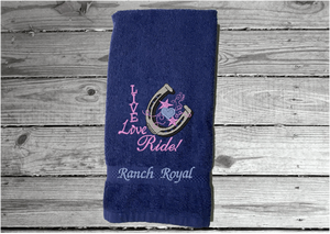 Blue hand towel - home decor western theme - embroidered with "Live Love Ride" - custom gift for your kitchen or bath decor -  unique birthday gift , gift for the cowgirl or cowboy in your life - premium soft and absorbent hand towel for a housewarming gift - Borgmann Creations - 3
