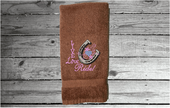 Brown hand towel - home decor western theme - embroidered with "Live Love Ride" - custom gift for your kitchen or bath decor -  unique birthday gift , gift for the cowgirl or cowboy in your life - premium soft and absorbent hand towel for a housewarming gift - Borgmann Creations - 2