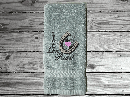Gray hand towel - home decor western theme - embroidered with "Live Love Ride" - custom gift for your kitchen or bath decor -  unique birthday gift , gift for the cowgirl or cowboy in your life - premium soft and absorbent hand towel for a housewarming gift - Borgmann Creations - 4