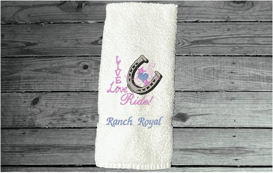 White hand towel - home decor western theme - embroidered with "Live Love Ride" - custom gift for your kitchen or bath decor -  unique birthday gift , gift for the cowgirl or cowboy in your life - premium soft and absorbent hand towel for a housewarming gift - Borgmann Creations - 1  