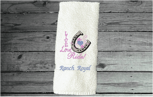 White hand towel - home decor western theme - embroidered with "Live Love Ride" - custom gift for your kitchen or bath decor -  unique birthday gift , gift for the cowgirl or cowboy in your life - premium soft and absorbent hand towel for a housewarming gift - Borgmann Creations - 1  