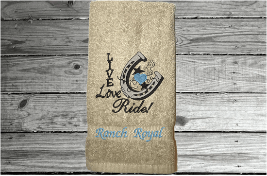 Beige hand towel - home decor western theme - embroidered with "Live Love Ride" - custom gift for your kitchen or bath decor - unique birthday gift , gift for the cowgirl or cowboy in your life - premium soft and absorbent hand towel for a housewarming gift - Borgmann Creations