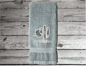 Gray Southwest hand towel, terry towel 16" x 27" - white towel 16" x 30" embroidered design makes a nice addition for your farmhouse bathroom decor, kitchen decor or for a guest bath. A wonderful wedding gift, shower gift, housewarming gift, birthday gift, etc. - Borgmanns Creations