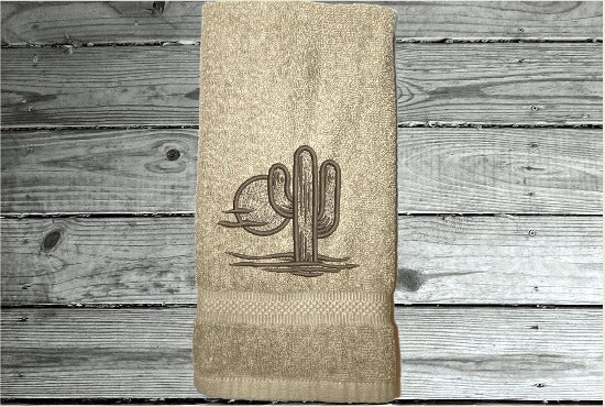 Beige Southwest hand towel, terry towel 16" x 27" - white towel 16" x 30" embroidered design makes a nice addition for your farmhouse bathroom decor, kitchen decor or for a guest bath. A wonderful wedding gift, shower gift, housewarming gift, birthday gift, etc. - Borgmanns Creations