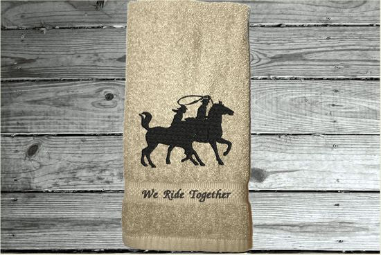 Beige embroidered bath hand towel, a wonderful design, silhouette of a couple on horseback, terry towel 16" x 27", Can personalize the towel with name or saying, farmhouse decor western design, wedding gift new couple gift, for bathroom or kitchen. Make it a work towel for the barn, housewarming or birthday gift - Borgmanns Creations - 4