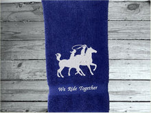 Load image into Gallery viewer, Blue embroidered bath hand towel, a wonderful design, silhouette of a couple on horseback, terry towel 16&quot; x 27&quot;, Can personalize the towel with name or saying, farmhouse decor western design, wedding gift new couple gift, for bathroom or kitchen. Make it a work towel for the barn, housewarming or birthday gift - Borgmanns Creations - 5

