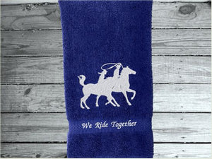 Blue embroidered bath hand towel, a wonderful design, silhouette of a couple on horseback, terry towel 16" x 27", Can personalize the towel with name or saying, farmhouse decor western design, wedding gift new couple gift, for bathroom or kitchen. Make it a work towel for the barn, housewarming or birthday gift - Borgmanns Creations - 5