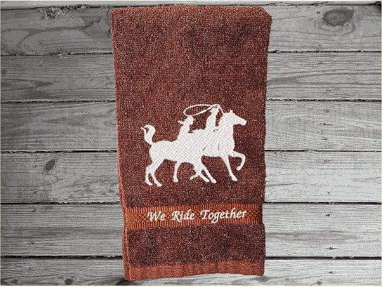 Brown embroidered bath hand towel, a wonderful design, silhouette of a couple on horseback, terry towel 16" x 27", Can personalize the towel with name or saying, farmhouse decor western design, wedding gift new couple gift, for bathroom or kitchen. Make it a work towel for the barn, housewarming or birthday gift - Borgmanns Creations - 1