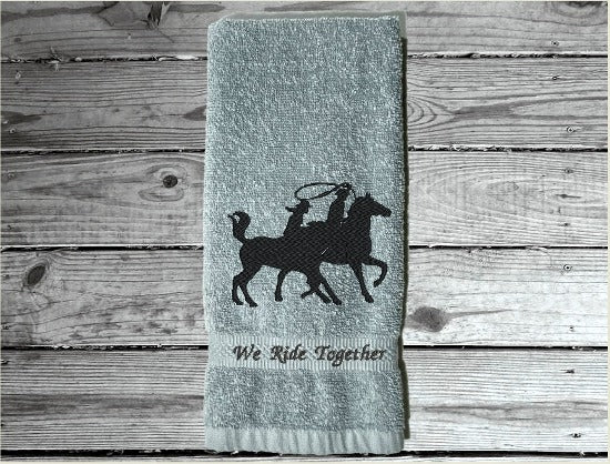 Gray embroidered bath hand towel, a wonderful design, silhouette of a couple on horseback, terry towel 16" x 27", Can personalize the towel with name or saying, farmhouse decor western design, wedding gift new couple gift, for bathroom or kitchen. Make it a work towel for the barn, housewarming or birthday gift - Borgmanns Creations - 2
