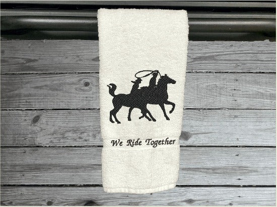White embroidered bath hand towel, a wonderful design, silhouette of a couple on horseback, terry towel 16" x 27", Can personalize the towel with name or saying, farmhouse decor western design, wedding gift new couple gift, for bathroom or kitchen. Make it a work towel for the barn, housewarming or birthday gift - Borgmanns Creations - 3
