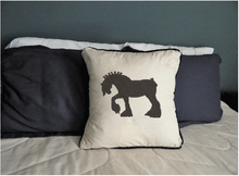 Load image into Gallery viewer, Throw pillow cover - supper gift for the owner or manager of your barn - cotton material &quot;natural&quot; color, embroidered silhouette of a Clydesdale,  piping around edges, opens in back, 18 inches x 18 inches or 20 inches x 20 inches - Borgmanns Creations 
