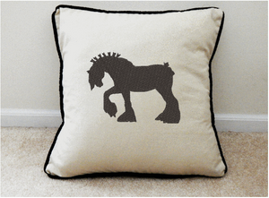 Throw pillow cover - supper gift for the owner or manager of your barn - cotton material "natural" color, embroidered silhouette of a Clydesdale,  piping around edges, opens in back, 18 inches x 18 inches or 20 inches x 20 inches - Borgmanns Creations 