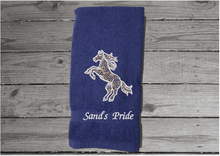 Load image into Gallery viewer, Blue bathroom hand towel - horse design western home decor - personalized horse lovers gift - embroidered hand towel - perfect western farmhouse design - gift for mom - bathroom or kitchen decor - Borgmanns Creations 4
