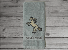 Load image into Gallery viewer, Gray bathroom hand towel - horse design western home decor - personalized horse lovers gift - embroidered hand towel - perfect western farmhouse design - gift for mom - bathroom or kitchen decor - Borgmanns Creations 2
