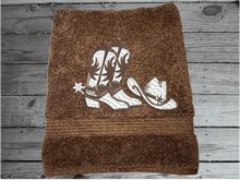 Load image into Gallery viewer, Cowboy Hat and Boots -Embroidered Brown Bath Towel Set Or Individual

