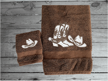 Load image into Gallery viewer, Cowboy Hat and Boots -Embroidered Brown Bath Towel Set Or Individual
