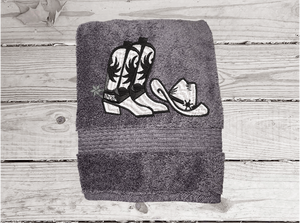 Western Towel Set Or Individual - Embroidered Cowboy Hat And Boots - Gray