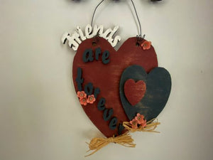 Wood wall art, laser cut Luan wood, layered design, hung by wire, 11" x 8", 3 hearts 2 red and 1 blue, Friends painted in white - are forever painted in blue -  this wood sign will make a nice housewarming gift for a friend. Home decor for the bathroom or den. A gift for Mother's Day, Father's Day, 4th of July Memorial Day, etc. - Borgmanns Creations 