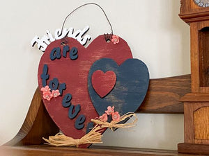 Wood wall art, laser cut Luan wood, layered design, hung by wire, 11" x 8", 3 hearts 2 red and 1 blue, Friends painted in white - are forever painted in blue -  this wood sign will make a nice housewarming gift for a friend. Home decor for the bathroom or den. A gift for Mother's Day, Father's Day, 4th of July Memorial Day, etc. - Borgmanns Creations 