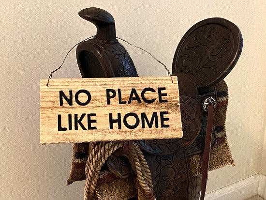 No Place Like Home rustic sign, unique wall hanging - natural wood color of cedar, fence panel,  home decor gift for mom or gift for a friend - hand painted, hung by wire,  8 1/2" x 4" - Borgmanns Creations 
