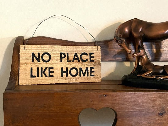 No Place Like Home rustic sign, unique wall hanging - natural wood color of cedar, fence panel,  home decor gift for mom or gift for a friend - hand painted, hung by wire,  8 1/2" x 4" - Borgmanns Creations 