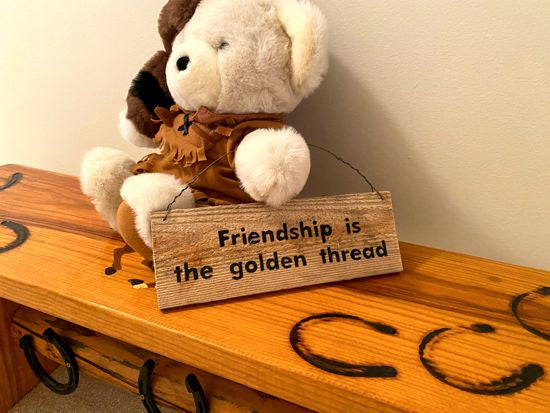 Wood sign wall hanging quotes "Friendship is the golden thread" hand painted on a cedar reclaimed fence panel, hung by wire, 11" x 4", would be a unique one of a kind gift. The natural wood color will go with any room. A gift for Mother's Day, Father's Day, 4th of July Memorial Day, etc. - Borgmanns Creations 