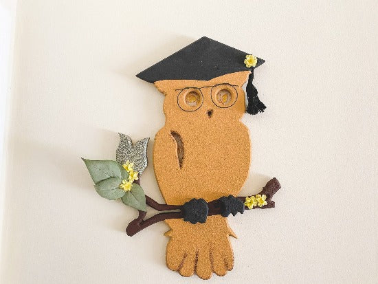 Yellow owl with black grad hat - wire for glasses - sitting on limb with flowers - wood sculpture  wall hanging - baby shower nursery gift - Borgmanns Creations 