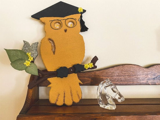 Yellow owl with black grad hat - wire for glasses - sitting on limb with flowers - wood sculpture wall hanging - baby shower nursery gift - Borgmanns Creations